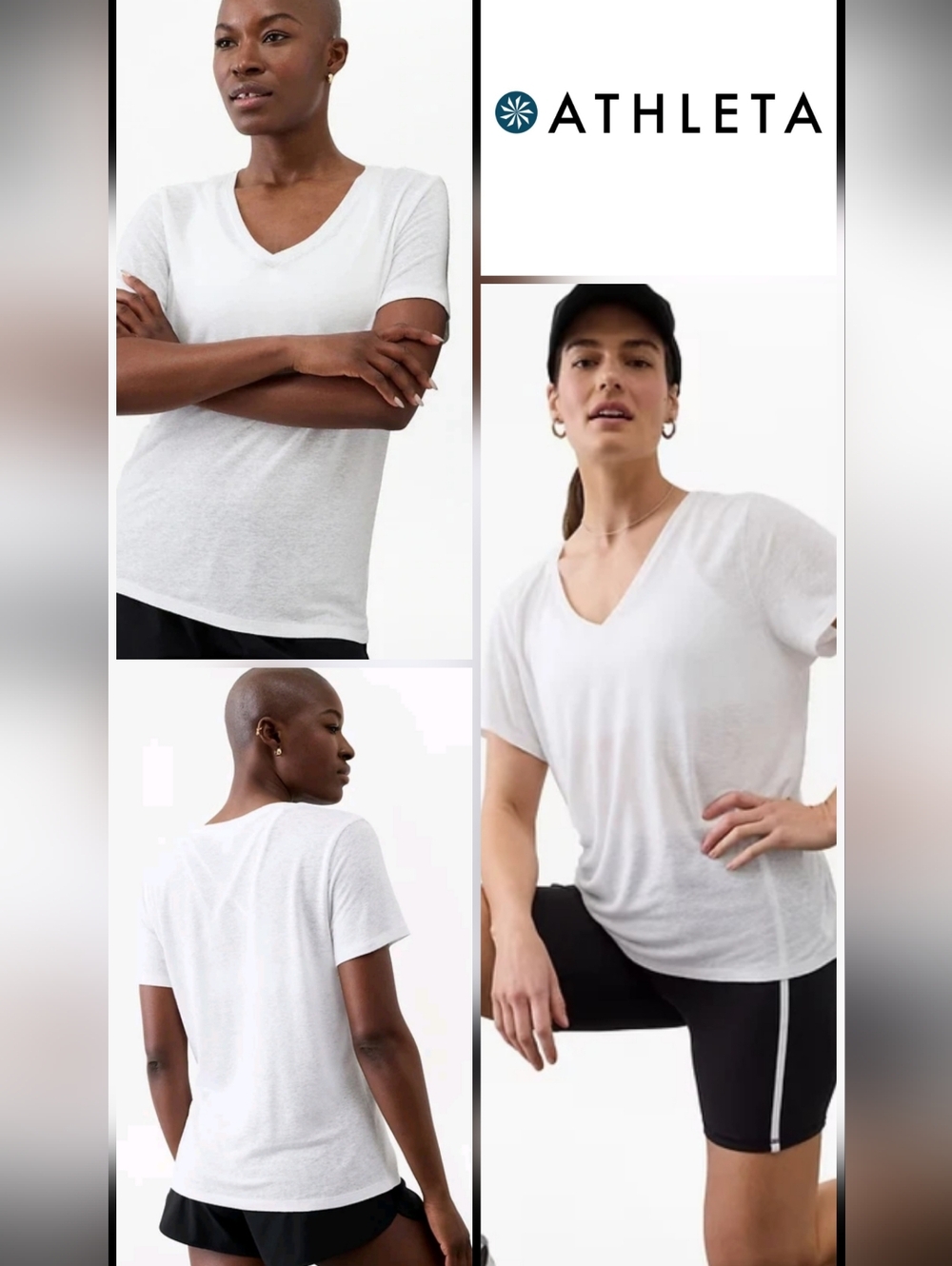 Athleta White Getaway Linen Blend V-Neck Short Sleeve Tee